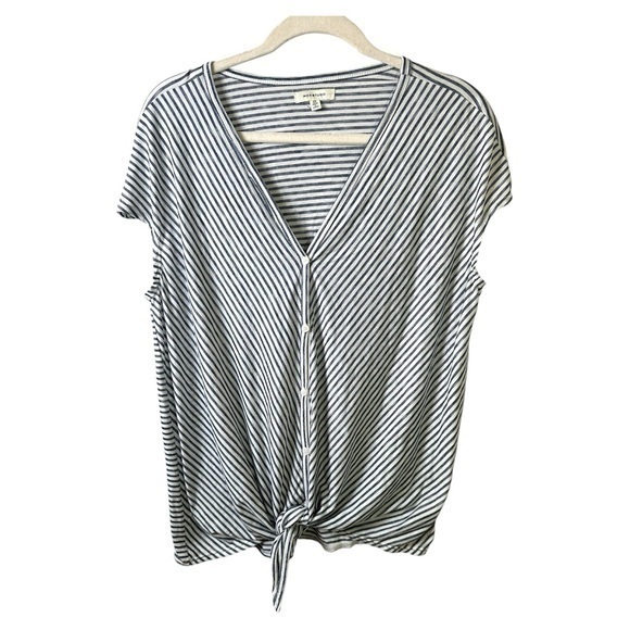 Max Studio Shirt Womens 2X Tie Front Cap Sleeve Striped Blue White Nautical - Picture 1 of 9